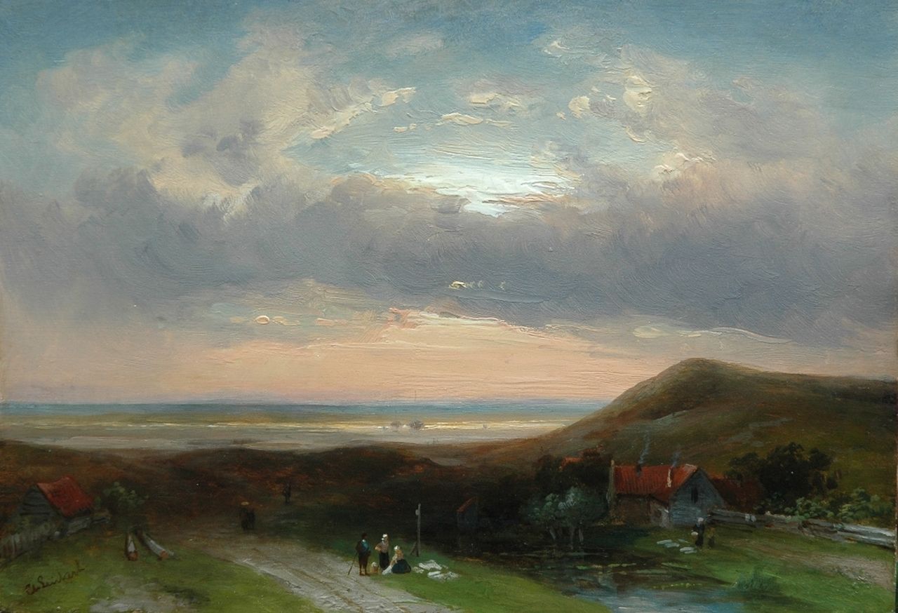 Leickert C.H.J.  | 'Charles' Henri Joseph Leickert, A summer evening in the dunes, oil on panel 23.7 x 33.0 cm, signed l.l.