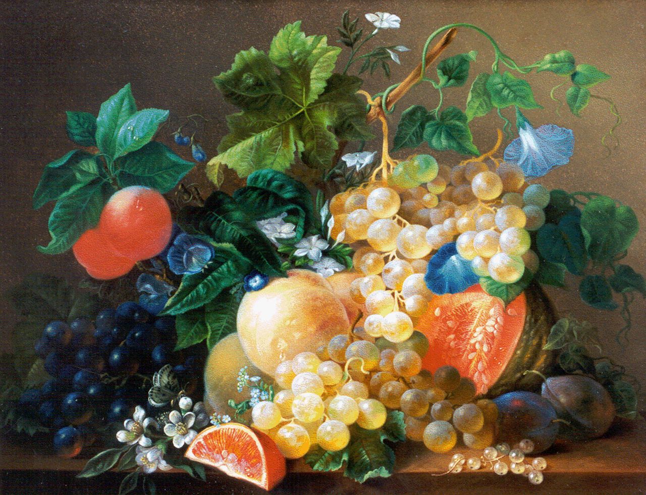 Singendonck D.J.  | Diederik Jan Singendonck, A still life with grapes, oranges and flowers on a marble ledge, oil on panel 35.5 x 46.3 cm, signed l.l.