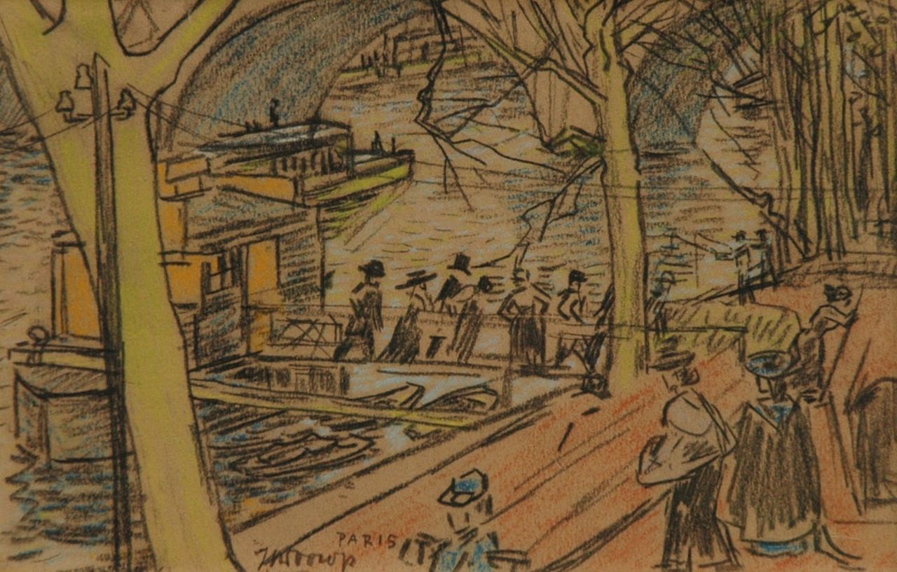 Toorop J.Th.  | Johannes Theodorus 'Jan' Toorop, Along the Seine, Paris, pencil and coloured chalk on paper 15.2 x 23.4 cm, signed l.l.c. and executed circa 1903