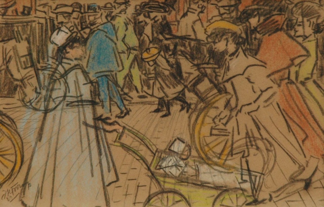 Toorop J.Th.  | Johannes Theodorus 'Jan' Toorop, Figures on a boulevard in Paris, pencil and coloured chalk on paper 15.1 x 23.2 cm, signed l.l. and executed circa 1903