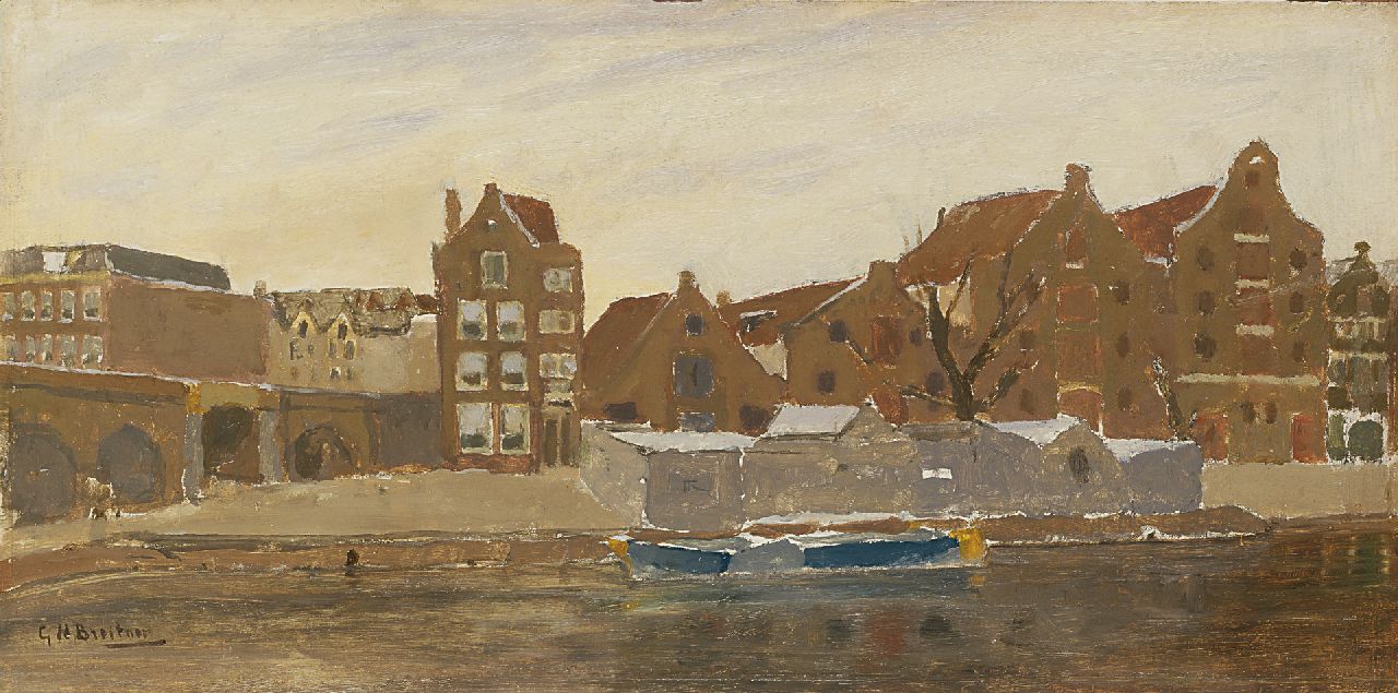 Breitner G.H.  | George Hendrik Breitner, The view from the painter’s studio on the Bickers island, Amsterdam, oil sketch on panel 22.2 x 45.3 cm, signed l.l. and painted ca. 1902-1905
