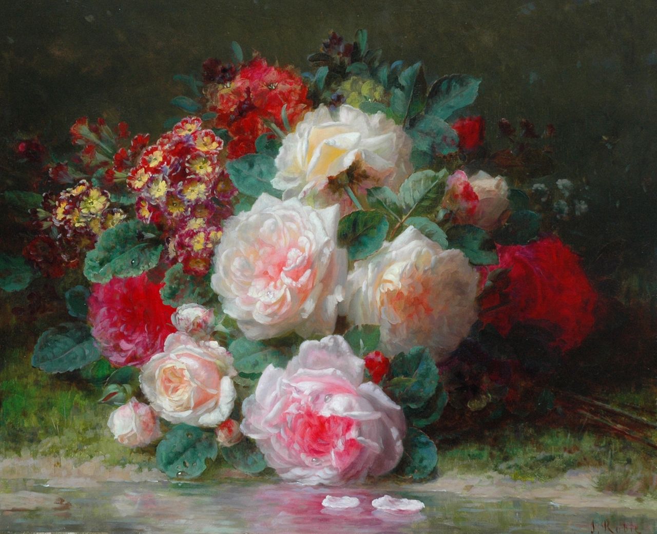Robie J.B.  | Jean-Baptiste Robie, Flower stillife with roses and primroses, oil on panel 39.8 x 48.1 cm, signed l.r.