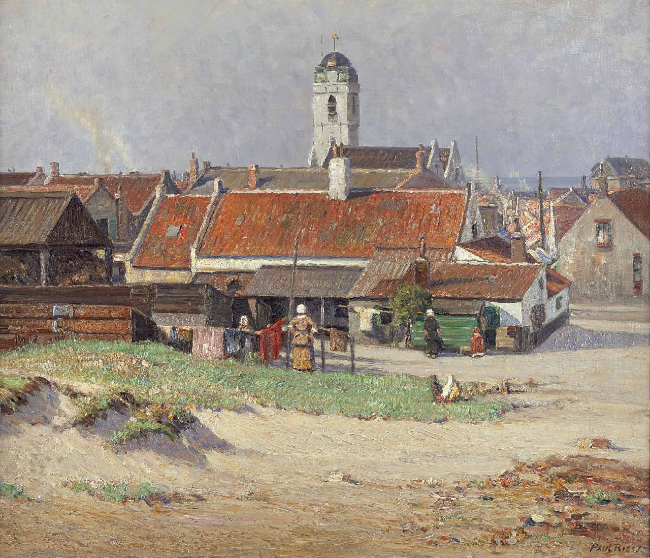 Riess P.  | Paul Riess, A View of Katwijk aan Zee with the Oude Kerk, oil on canvas 60.9 x 70.6 cm, signed l.r.