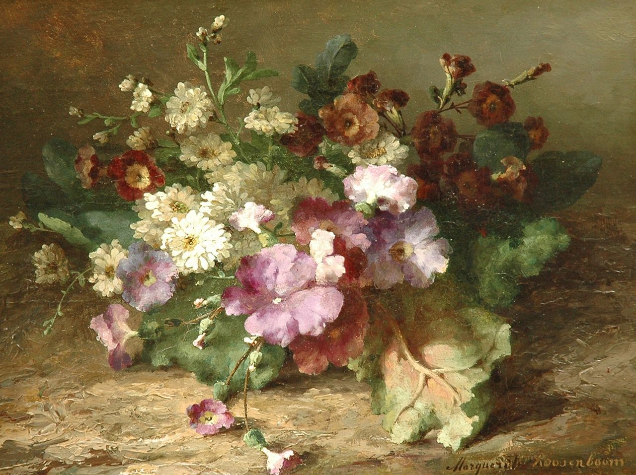 Roosenboom M.C.J.W.H.  | 'Margaretha' Cornelia Johanna Wilhelmina Henriëtta Roosenboom, A flower still life, oil on paper laid down on panel 25.0 x 33.1 cm, signed l.r.