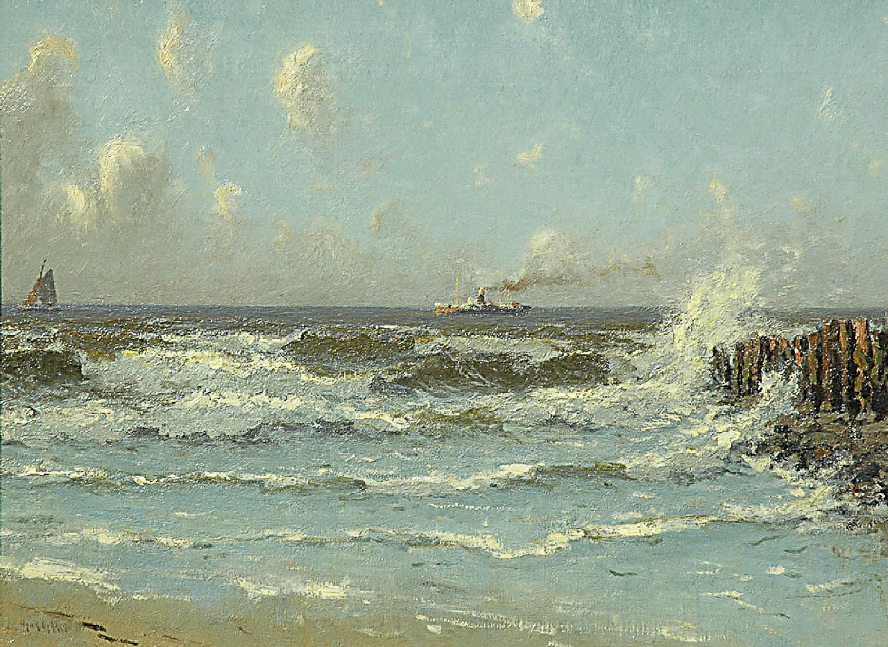 Henk Dekker | Ships off the North Sea coast, oil on canvas, 43.0 x 58.0 cm, signed l.l.