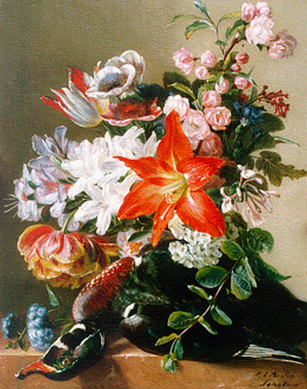 Schot F.L.  | Francina Louise Schot, A flower still life, oil on panel 43.5 x 34.8 cm, signed l.r.