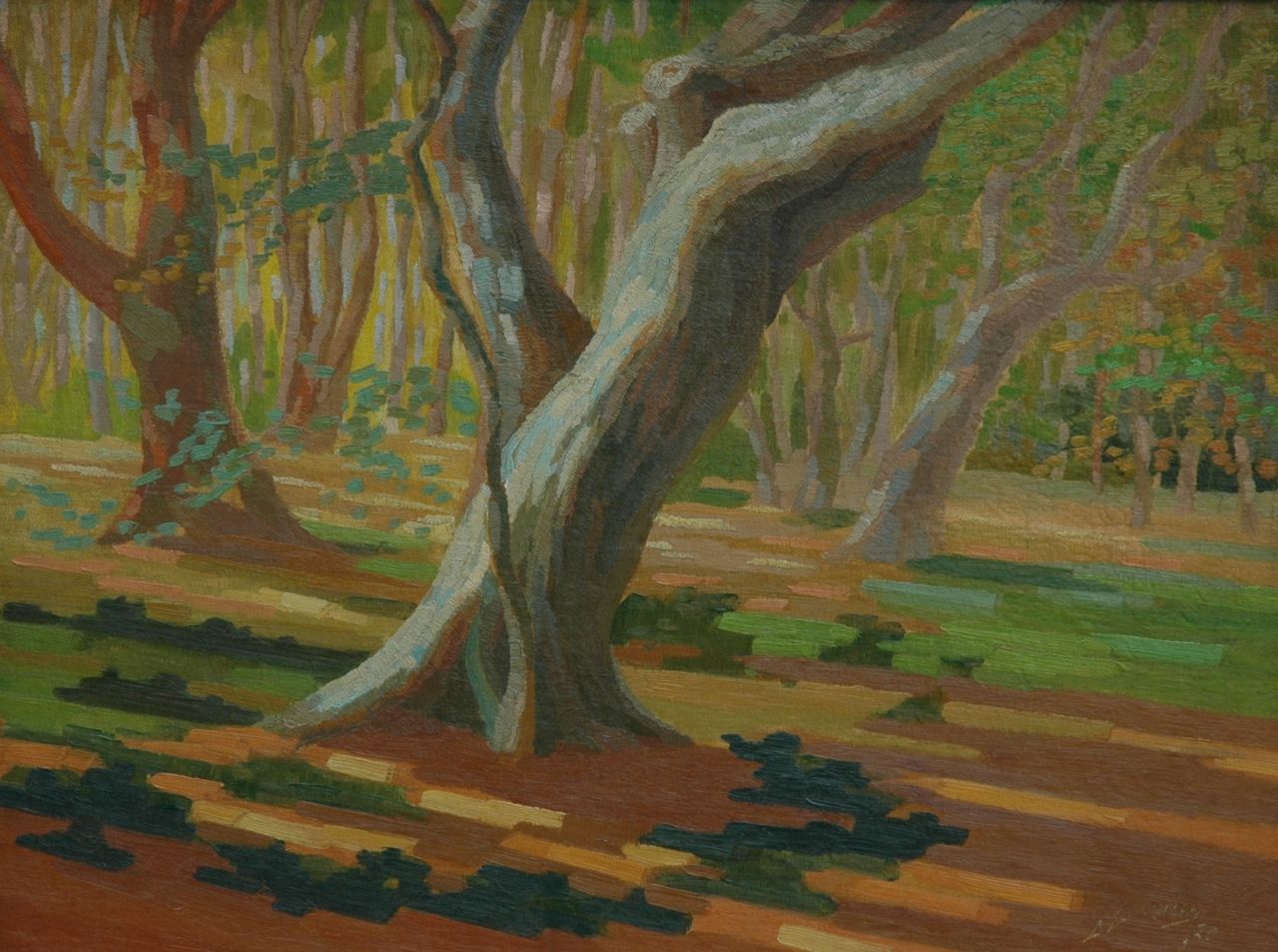 Smorenberg D.  | Dirk Smorenberg, A wooded landscape, oil on canvas laid down on panel 44.6 x 59.0 cm, signed l.r. and dated '20