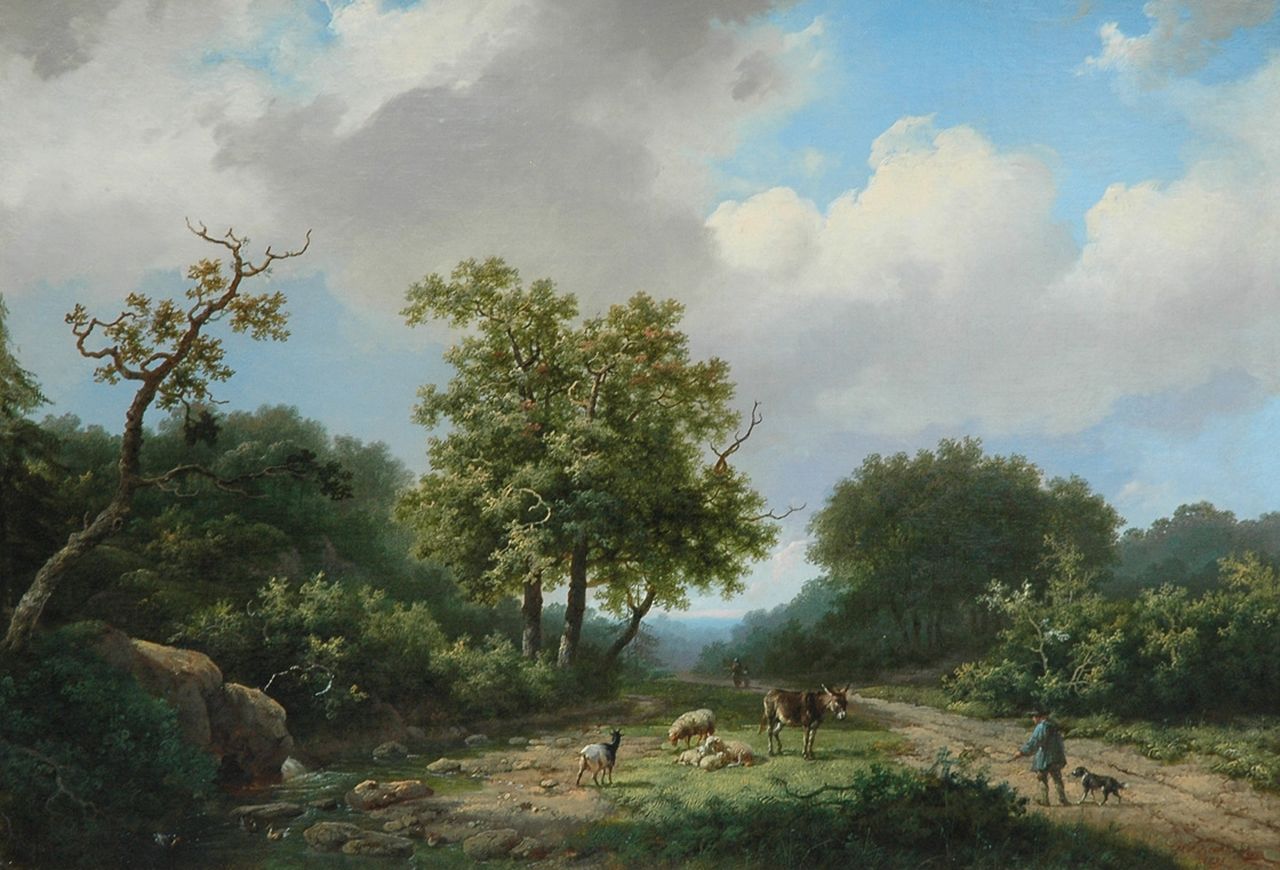 Koekkoek I M.A.  | Marinus Adrianus Koekkoek I, A wooded landscape with shepherd and cattle, oil on canvas 43.1 x 62.1 cm, signed l.r. and painted 1855