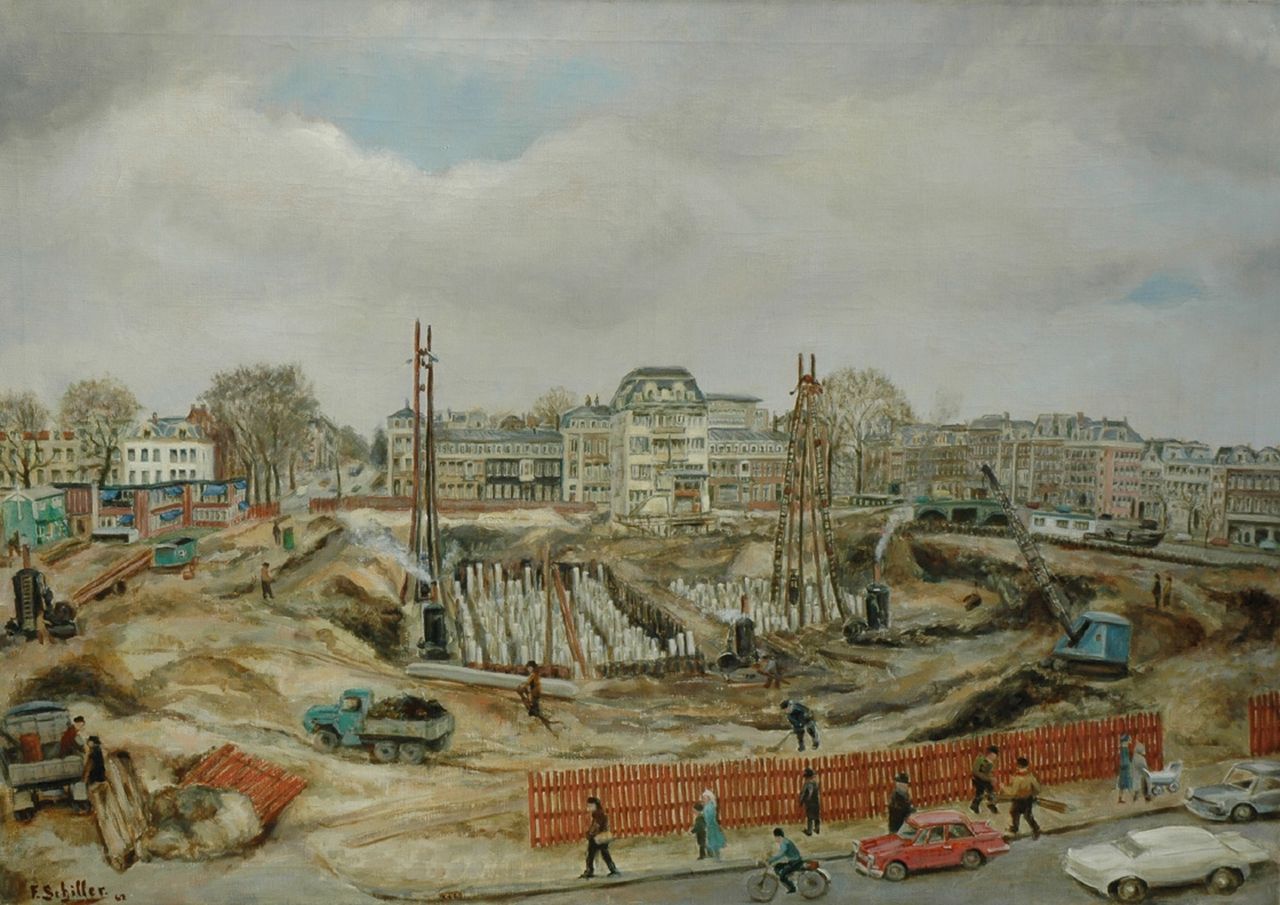 Schiller G.F.F.  | George Friedrich Ferdinand 'Frits' Schiller, The building site of the Nederlandse Bank, Frederiksplein, Amsterdam, oil on canvas 85.0 x 119.0 cm, signed l.l. and dated '62