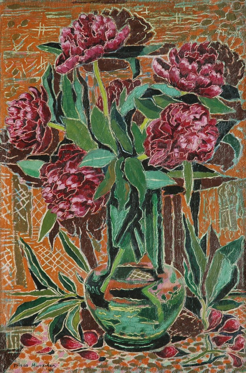 Hunziker F.  | Frieda Hunziker, Peonies, oil on canvas 60.2 x 40.4 cm, signed l.l. and dated '44