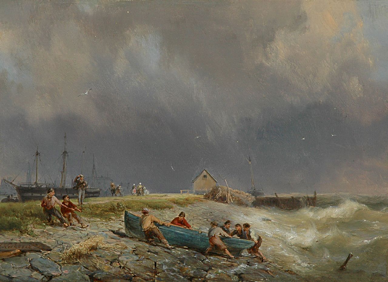 Koekkoek H.  | Hermanus Koekkoek, bringing in the fishing boat, oil on panel 19.1 x 26.2 cm, signed l.l.