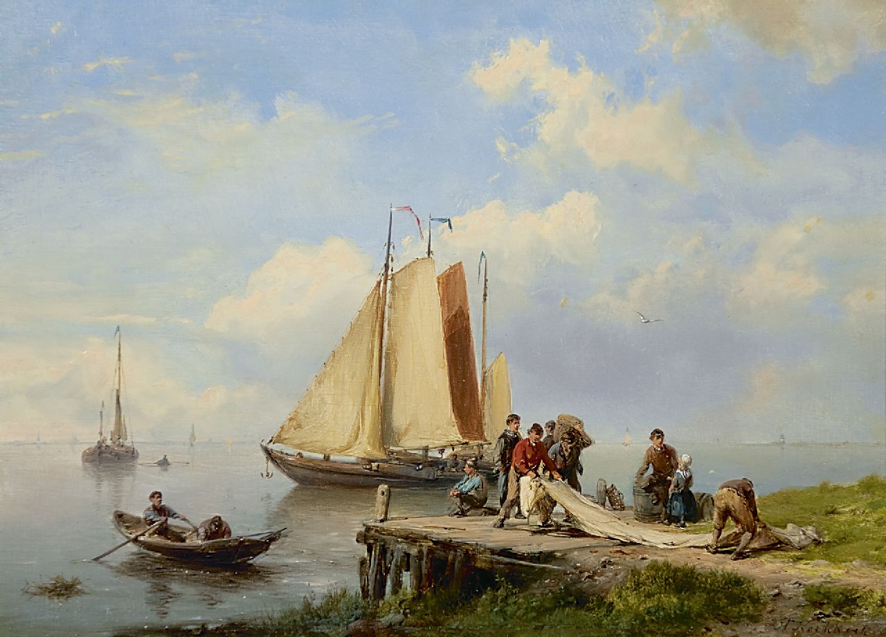 Koekkoek H.  | Hermanus Koekkoek, Folding of the sails, oil on panel 19.3 x 26.3 cm, signed l.r.
