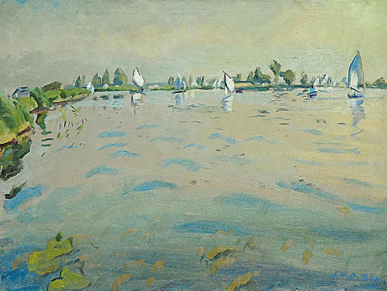 Zee J. van der | Jan van der Zee, A sunny day on the Paterswolde lake, Groningen, oil on canvas 60.0 x 80.1 cm, signed l.r. and on the reverse and dated '41 l.r. and on the reverse