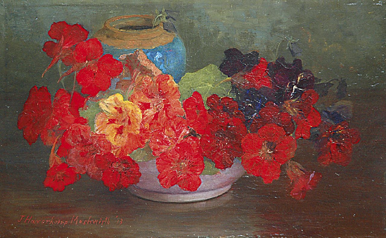 Haverkamp-Machwirth J.G.  | 'Johanna' Georgine  Haverkamp-Machwirth, A still life of Nasturtium, oil on canvas 24.9 x 40.2 cm, signed l.l. and dated '13