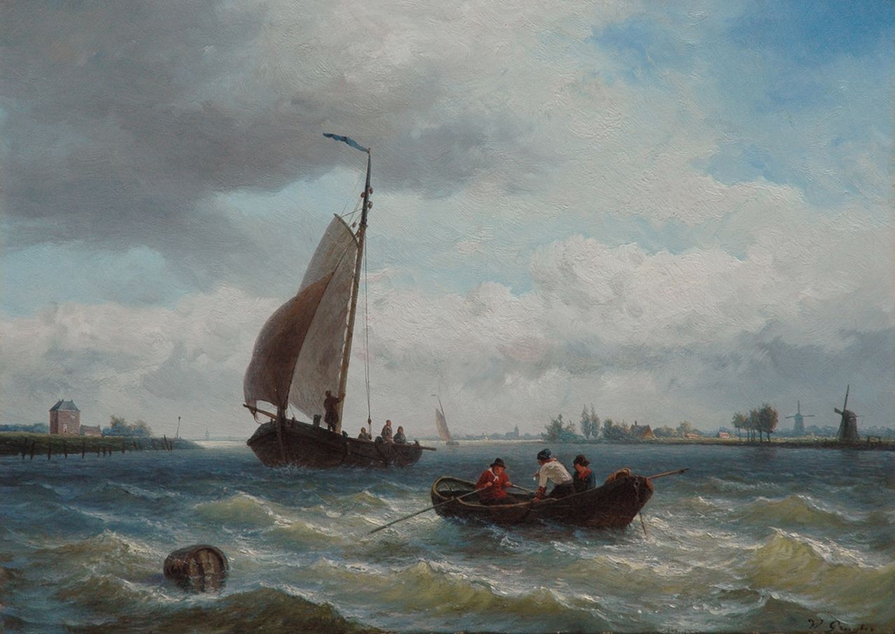 Gruijter jr. W.  | Willem Gruijter jr., A smack and a rowing boat near a harbour entrance, oil on canvas 40.6 x 57.1 cm, signed l.r.
