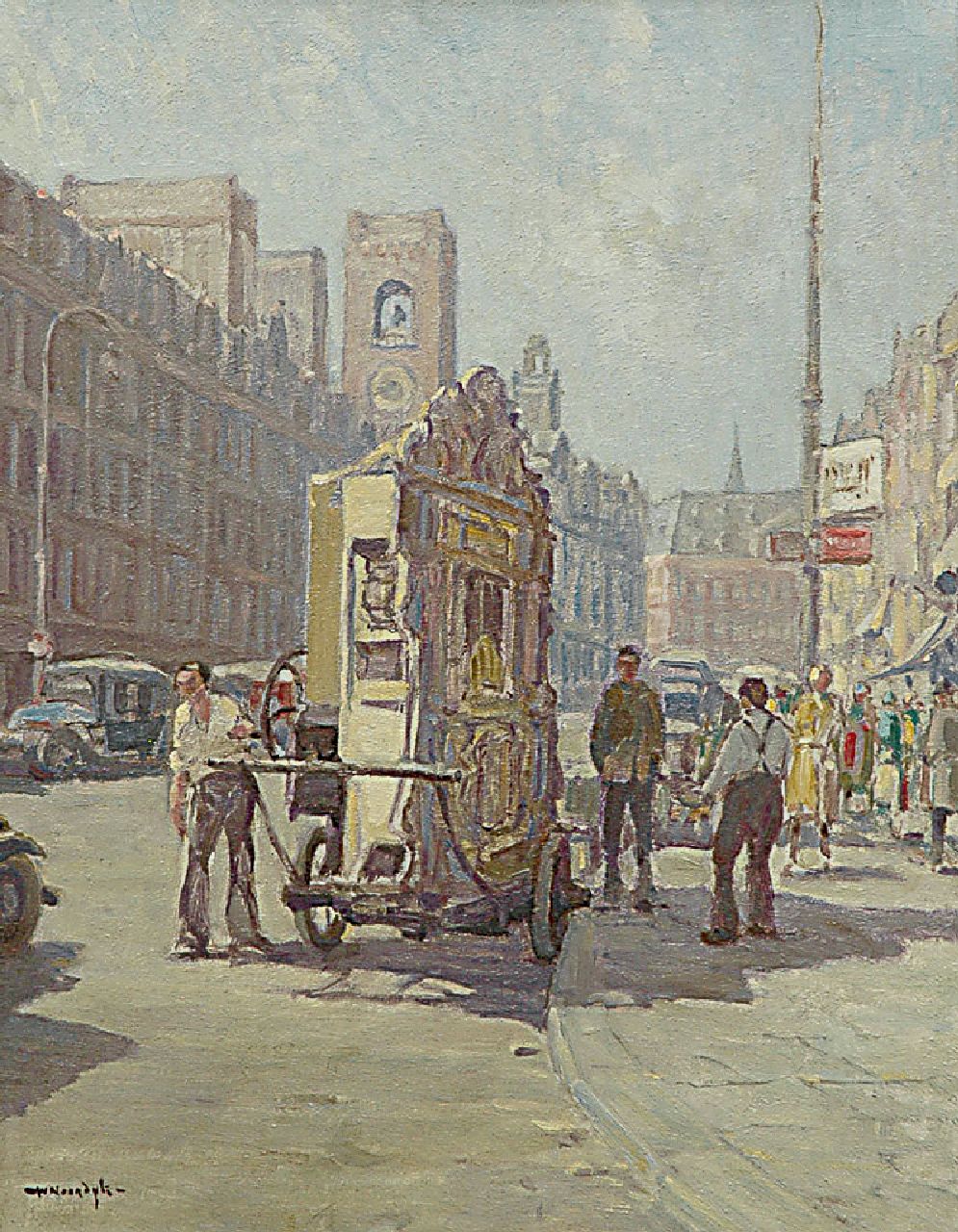 Noordijk W.F.  | 'Willem' Frederik Noordijk, Organ grinder on the Damrak, Amsterdam, oil on canvas 50.3 x 40.0 cm, signed l.l.