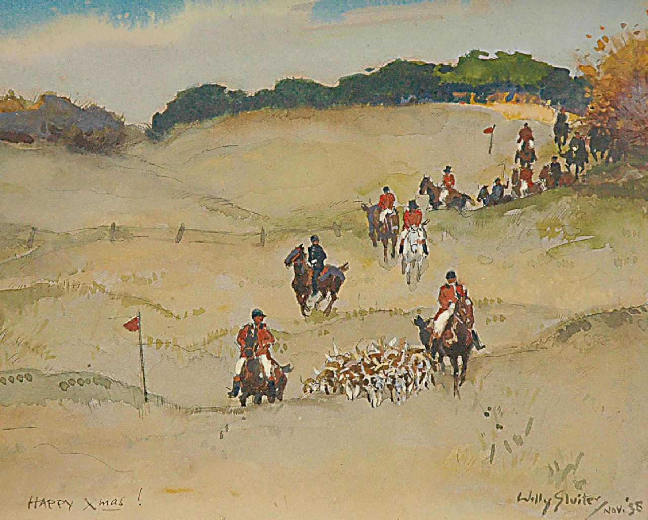 Sluiter J.W.  | Jan Willem 'Willy' Sluiter, The fox-hunt, watercolour on paper 22.8 x 25.3 cm, signed l.r. and dated nov. '38