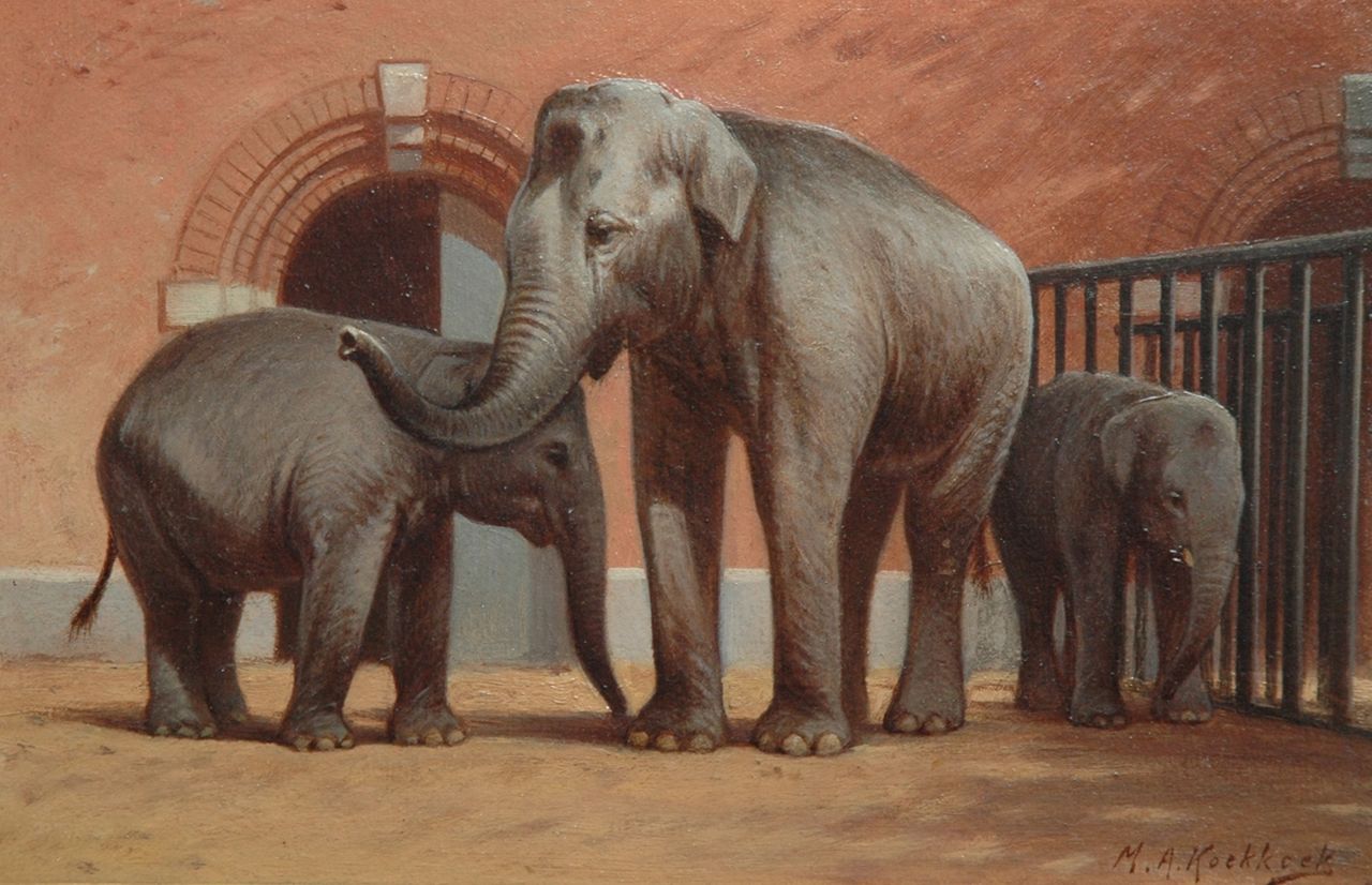 Koekkoek II M.A.  | Marinus Adrianus Koekkoek II, Elephants in the Amsterdam zoo, oil on paper laid down on board 16.6 x 25.4 cm, signed l.r.