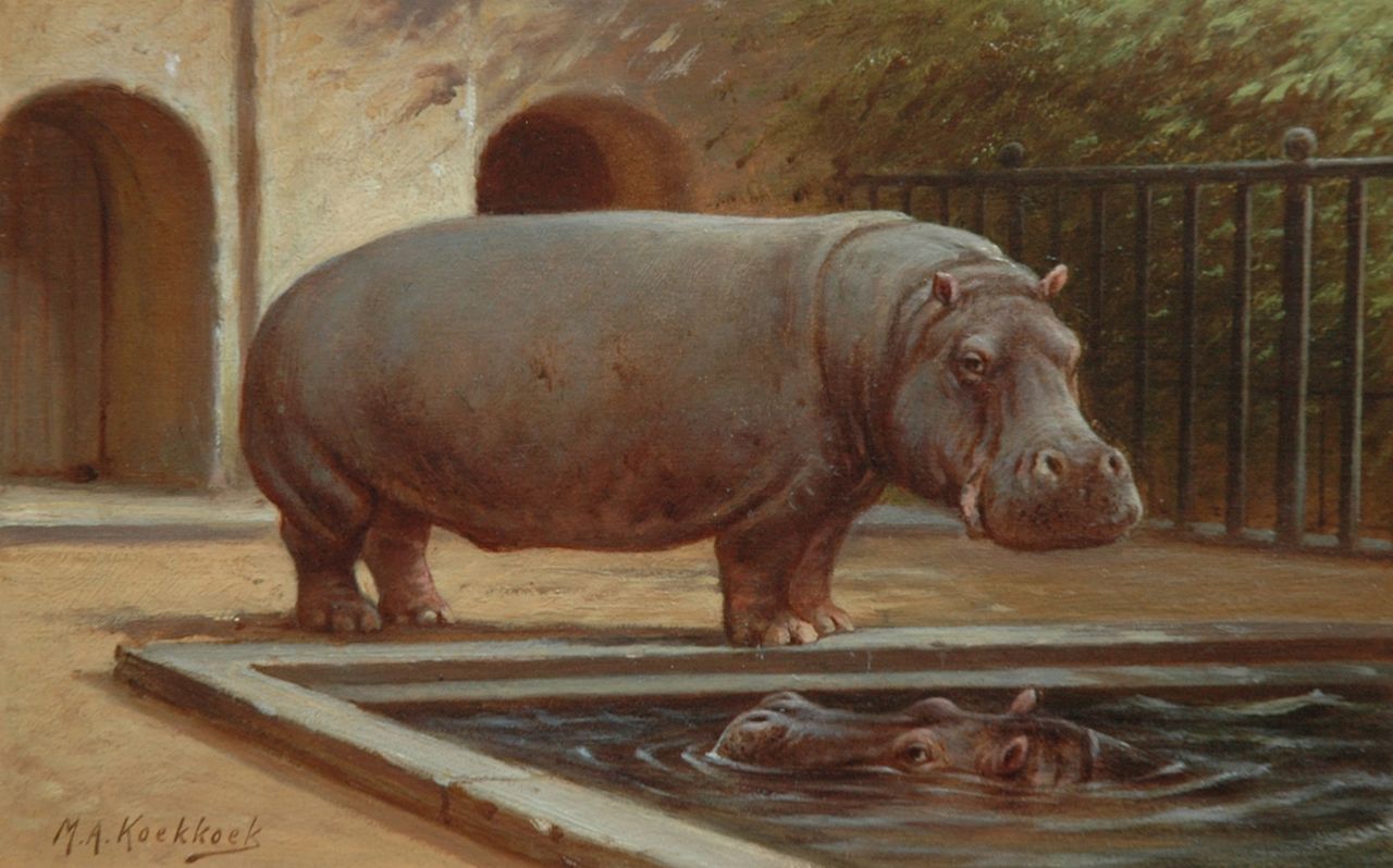 Koekkoek II M.A.  | Marinus Adrianus Koekkoek II, Two hippopotamus in the Amsterdam zoo, oil on paper laid down on board 16.4 x 25.3 cm, signed l.l.