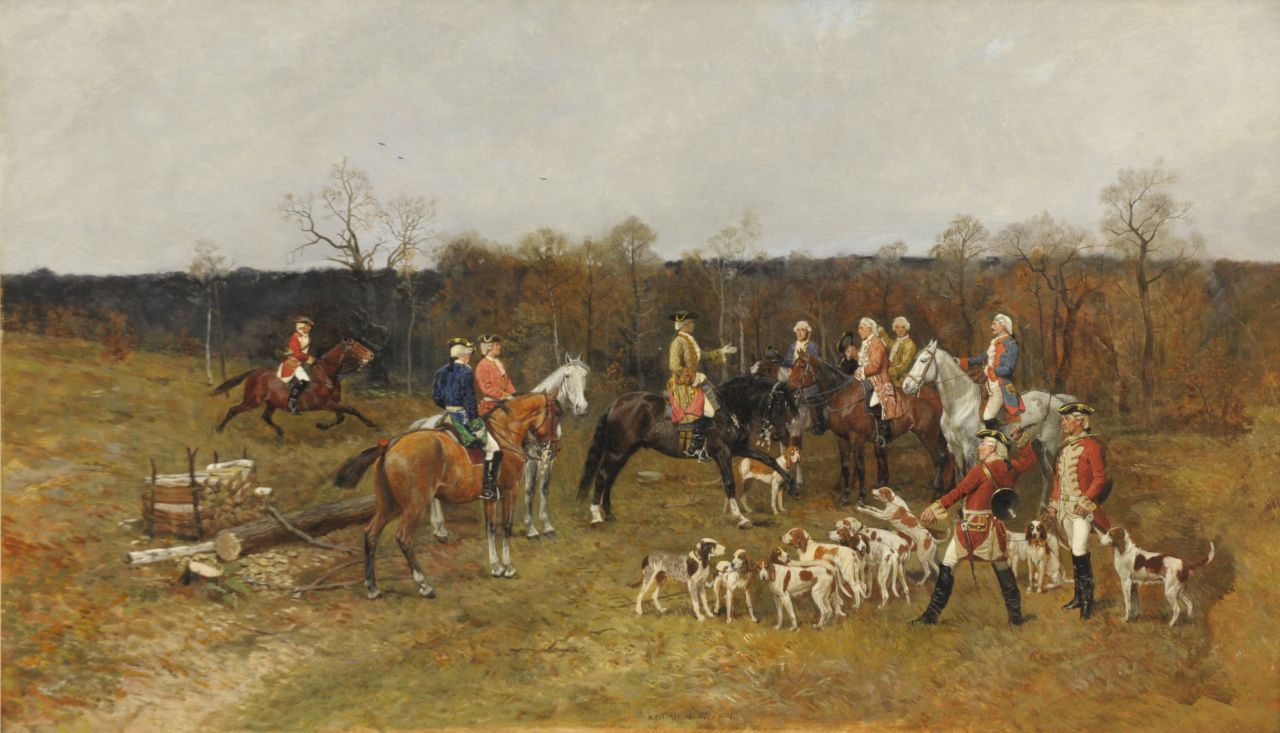 Piotrowski A.  | Antoni Piotrowski, The hunting party, oil on canvas 55.0 x 92.3 cm, signed l.c.  'A. Piotrowski' and executed '1880 Paris'