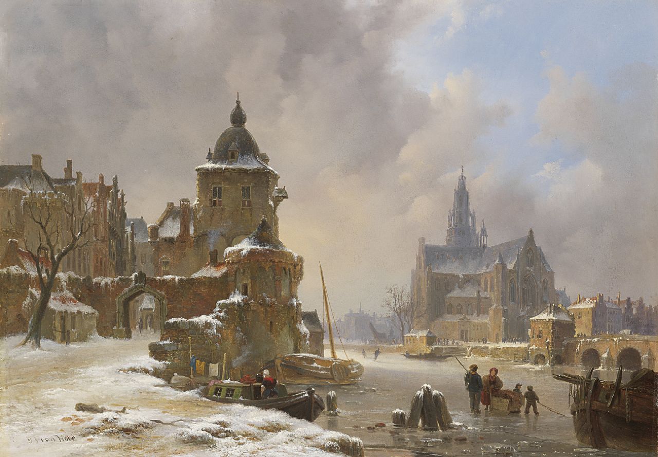 Hove B.J. van | Bartholomeus Johannes 'Bart' van Hove, A town view in winter with frozen waterway, oil on panel 34.2 x 48.5 cm, signed l.l.