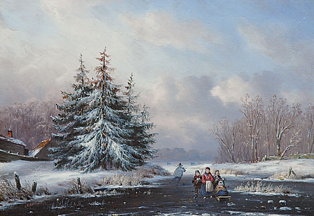 Ahrendts C.E.  | Carl Eduard Ahrendts, A snowy landscape with skaters and a sledge, oil on panel 18.2 x 25.9 cm, signed l.l.