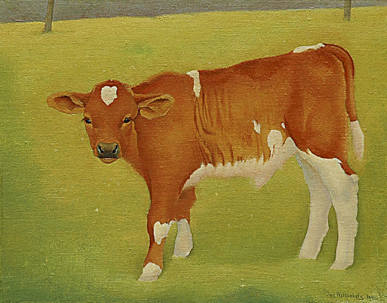 Wittenberg J.H.W.  | 'Jan' Hendrik Willem Wittenberg, A calf in a meadow, oil on canvas laid down on panel 23.6 x 30.2 cm, signed l.r. and dated 1941