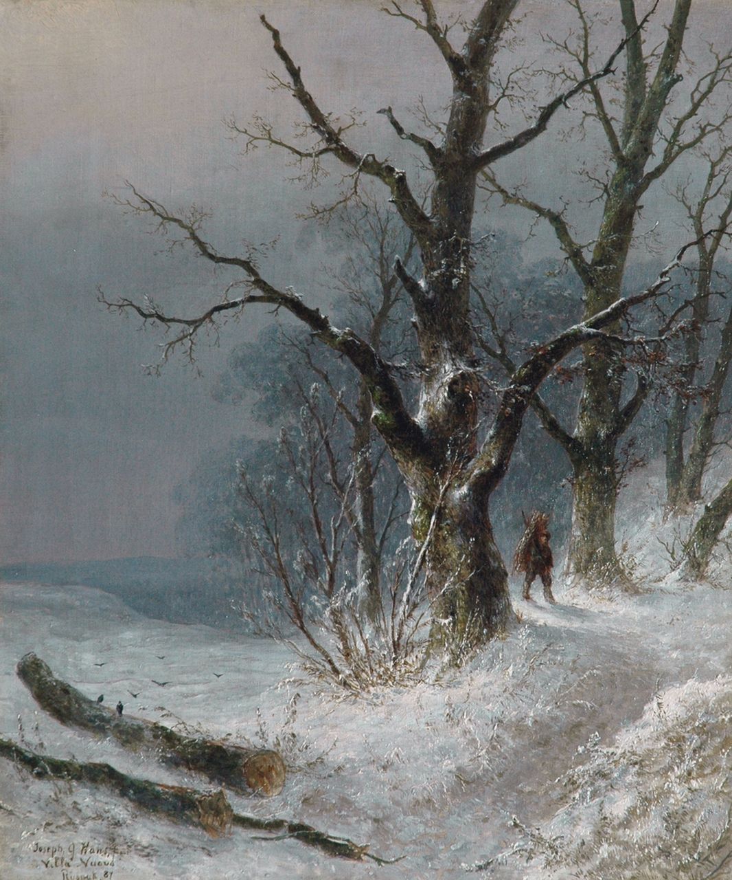Hans J.G.  | Josephus Gerardus Hans, A wood-gatherer in a snowy forest, oil on canvas 55.3 x 46.2 cm, signed l.l. and dated '87