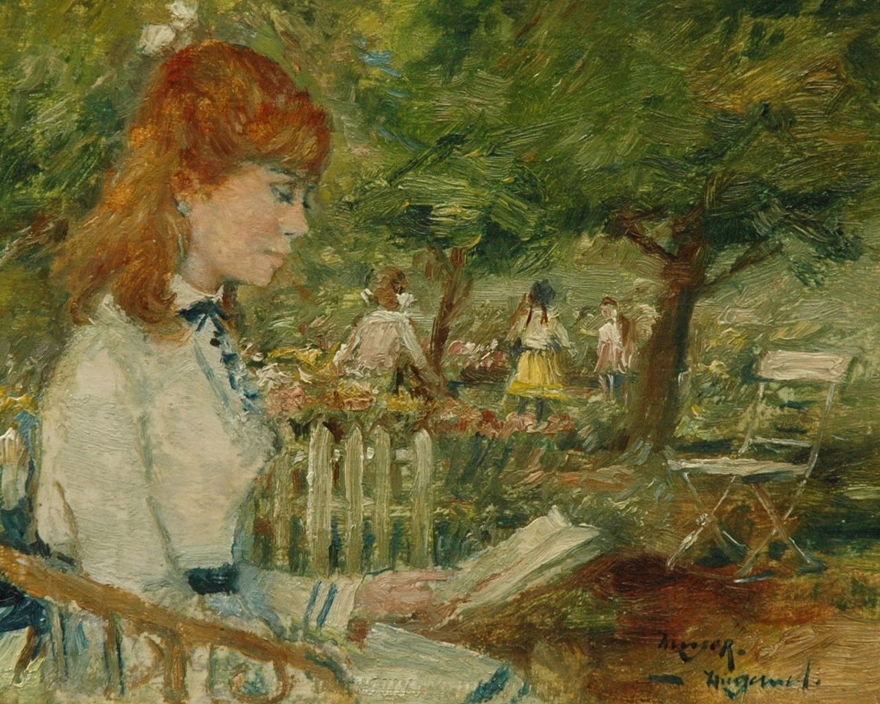 Meyer-Wiegand R.D.  | Rolf Dieter Meyer-Wiegand, Reading girl in a public garden, oil on canvas laid down on panel 12.7 x 15.8 cm, signed l.r.