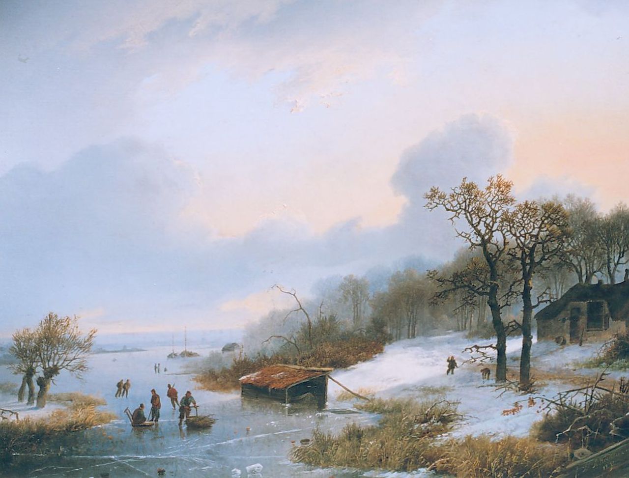 Koekkoek I M.A.  | Marinus Adrianus Koekkoek I, Winter landscape with skaters on a frozen river, oil on panel 28.2 x 36.0 cm, signed l.r. and dated 1842