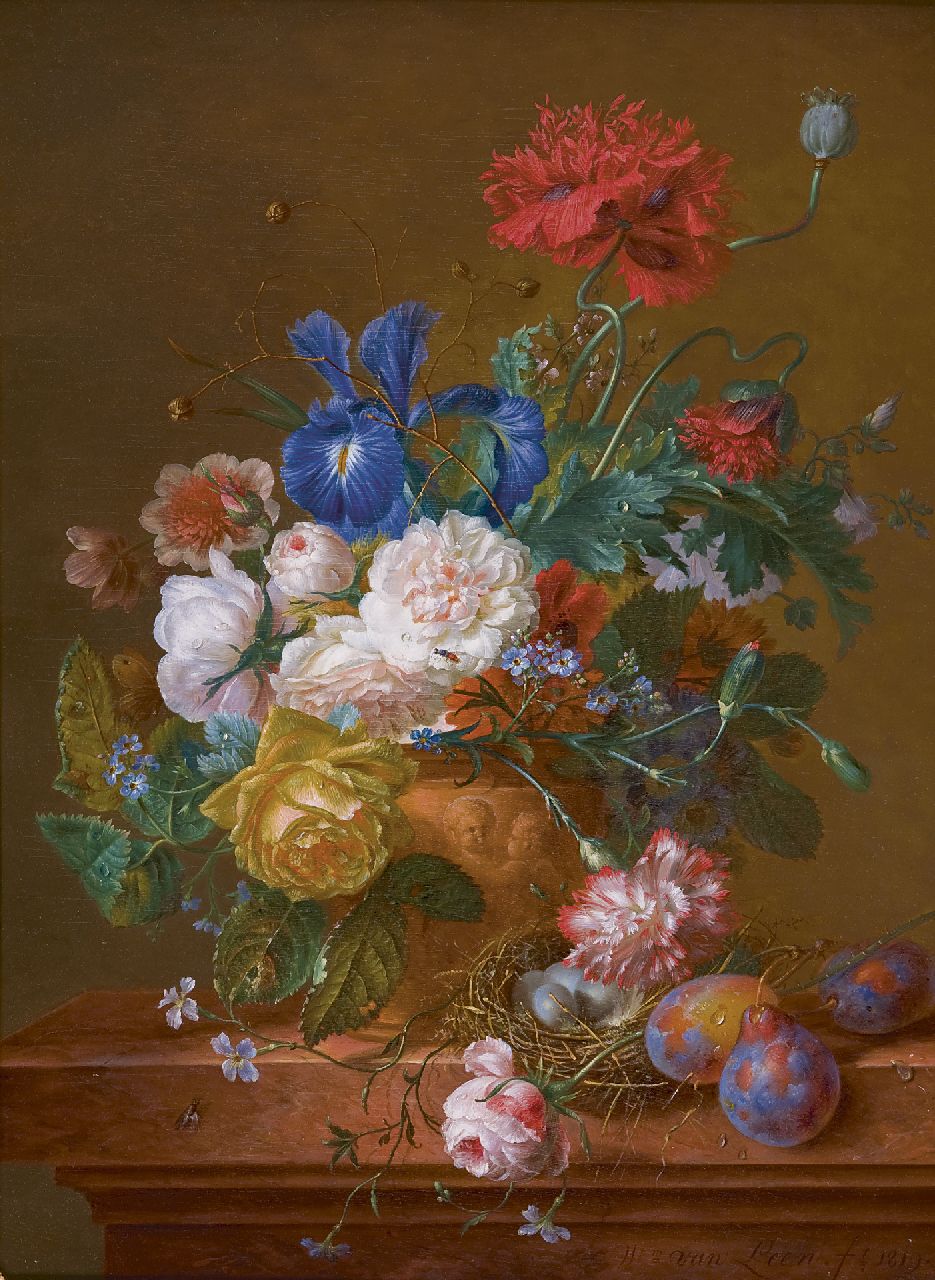 Leen W. van | Willem van Leen, A still life with flowers and a bird's nest, oil on panel 56.9 x 41.6 cm, signed l.r. and dated 1819