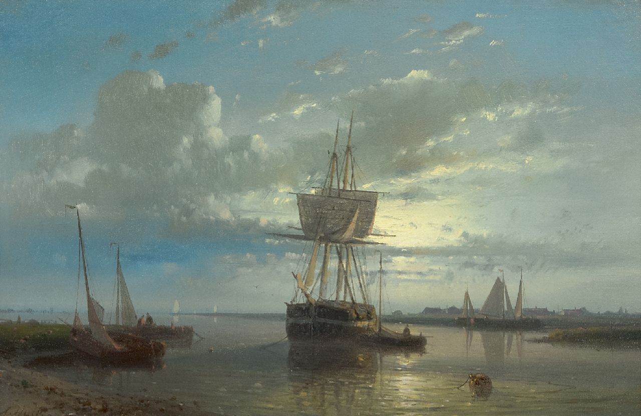 Hulk A.  | Abraham Hulk, Moored sailingships at sunset, oil on panel 16.6 x 25.3 cm, signed l.l.