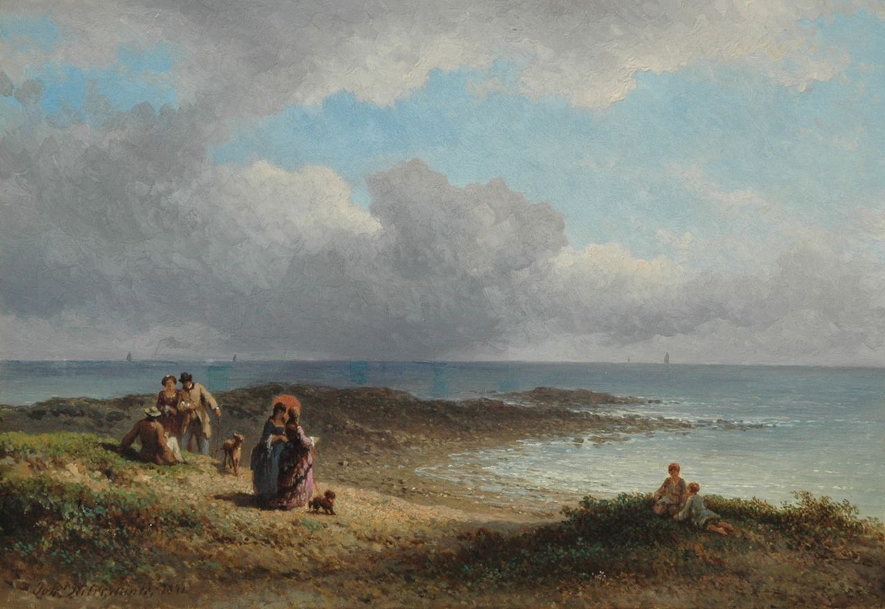 Hilverdink J.  | Johannes Hilverdink, Elegant figures at the French coast, oil on panel 23.6 x 34.2 cm, signed l.l. and dated 1873
