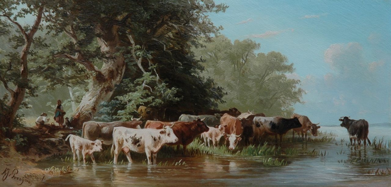 Prooijen A.J. van | Albert Jurardus van Prooijen, Shepherd and shepherdess with cattle, oil on panel 16.1 x 33.0 cm, signed l.l.