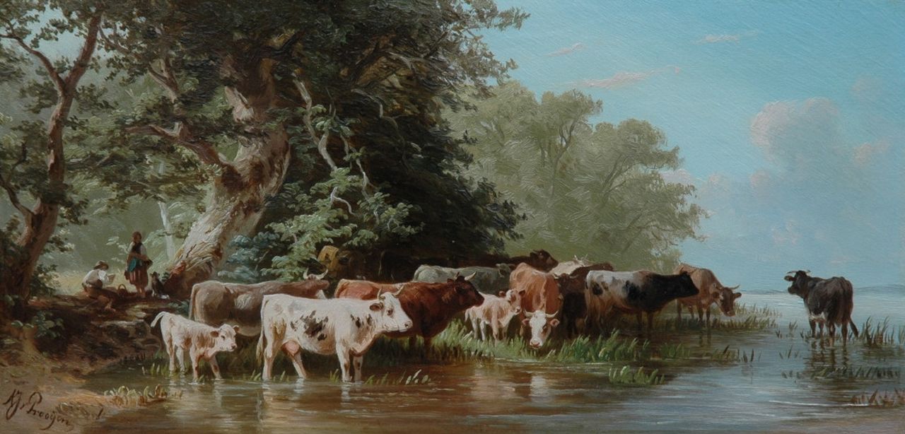 Prooijen A.J. van | Albert Jurardus van Prooijen, Shepherd and shepherdess with cattle, oil on panel 16.1 x 33.0 cm, signed l.l.