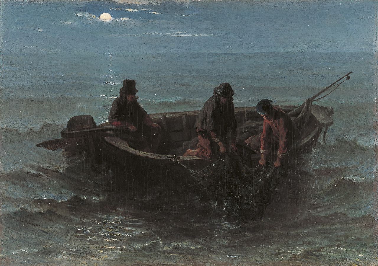 Israëls J.  | Jozef Israëls, Bringing in the catch at night, oil on panel 32.5 x 46.1 cm, signed l.l. and painted circa 1861-1864