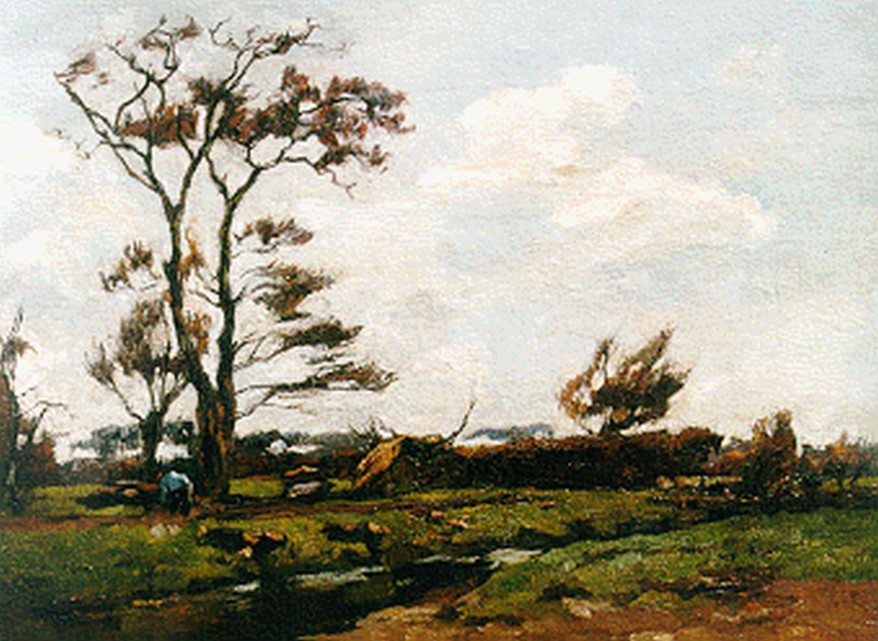 Zwart W.H.P.J. de | Wilhelmus Hendrikus Petrus Johannes 'Willem' de Zwart, A farmer in a landscape, oil on canvas 33.5 x 45.7 cm, signed l.r.