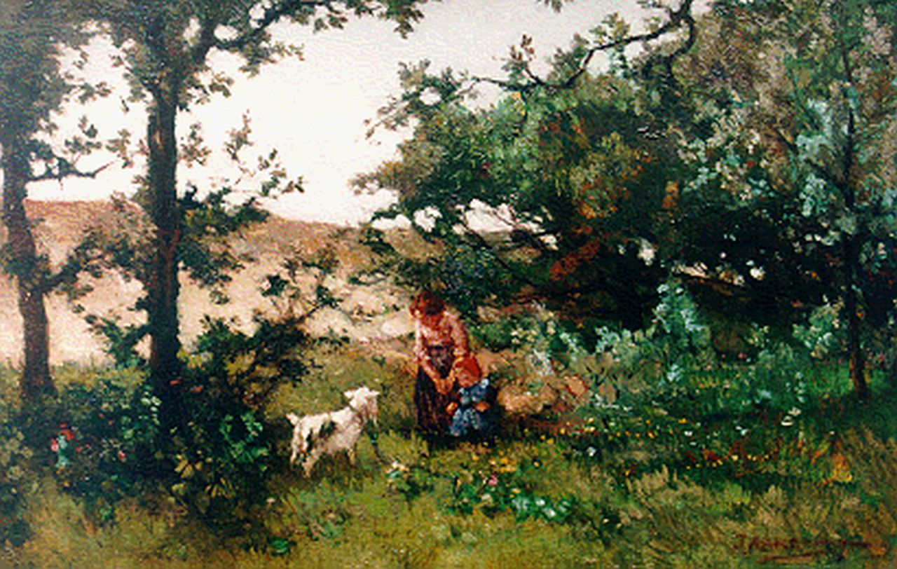 Akkeringa J.E.H.  | 'Johannes Evert' Hendrik Akkeringa, Feeding the goat in the dunes, oil on canvas 27.0 x 41.3 cm, signed l.r.