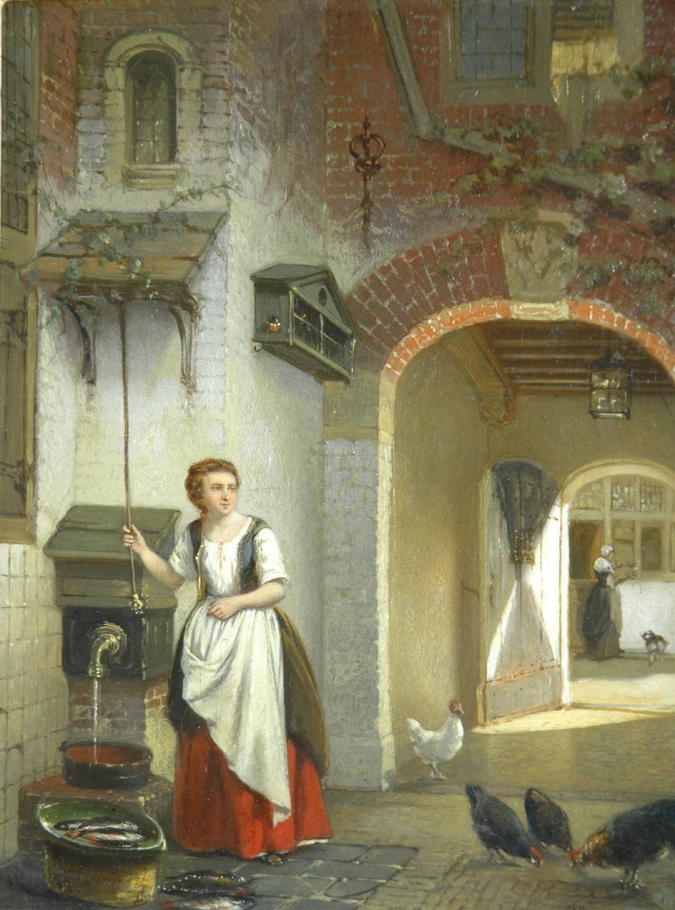 Stroebel J.A.B.  | Johannes Anthonie Balthasar Stroebel, A kitchen-maid by a well, oil on panel 26.1 x 20.4 cm, signed l.r.