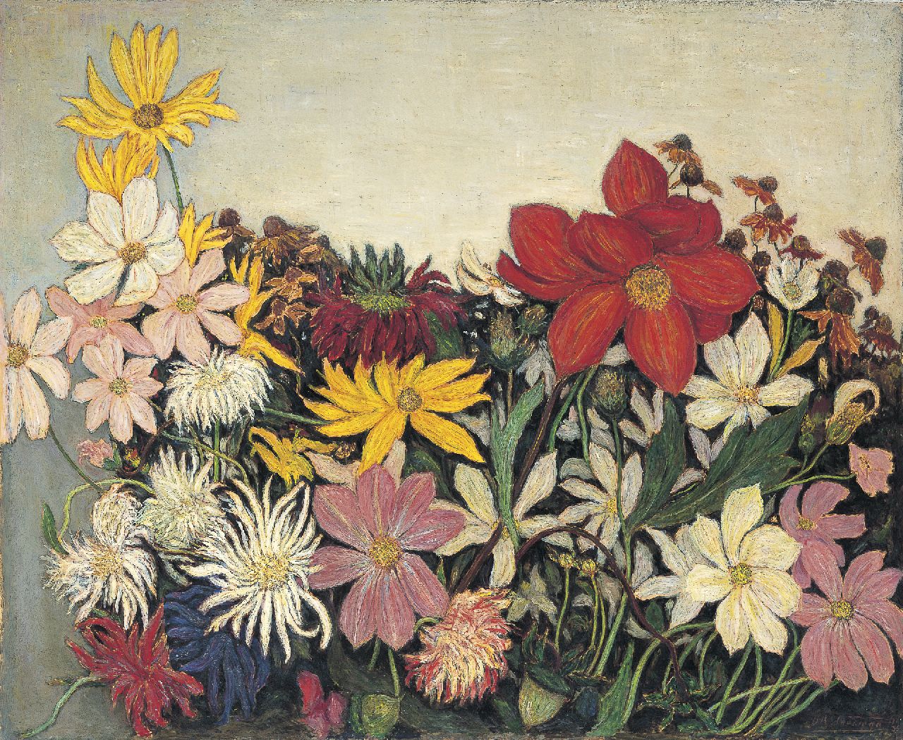 Nanninga D.B.  | Dirk Berend Nanninga, Levens-blijheid (Flower still life), oil on canvas 50.1 x 60.3 cm, signed l.r. and dated '35