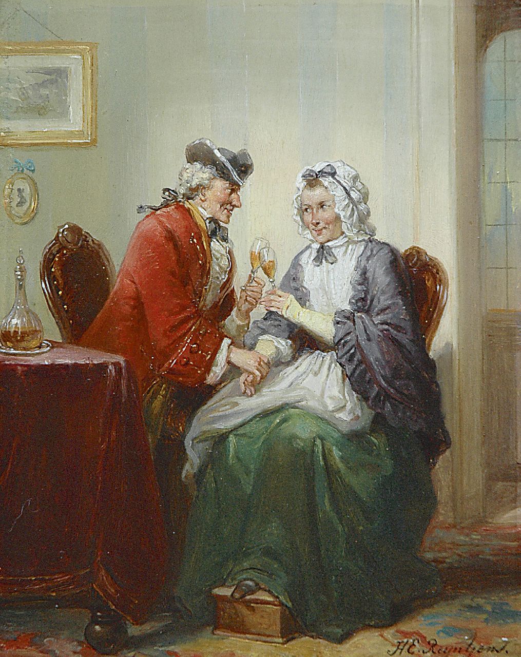 Reijntjens H.E.  | Henricus Engelbertus Reijntjens | Paintings offered for sale | The sealing of the marriage proposal, oil on panel 19.3 x 15.1 cm, signed l.r.