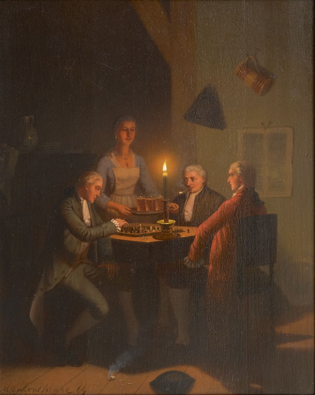 Culverhouse J.M.  | Johan Mengels Culverhouse | Paintings offered for sale | Chess players by candle light, oil on panel 26.8 x 21.3 cm, signed l.l. and dated '64