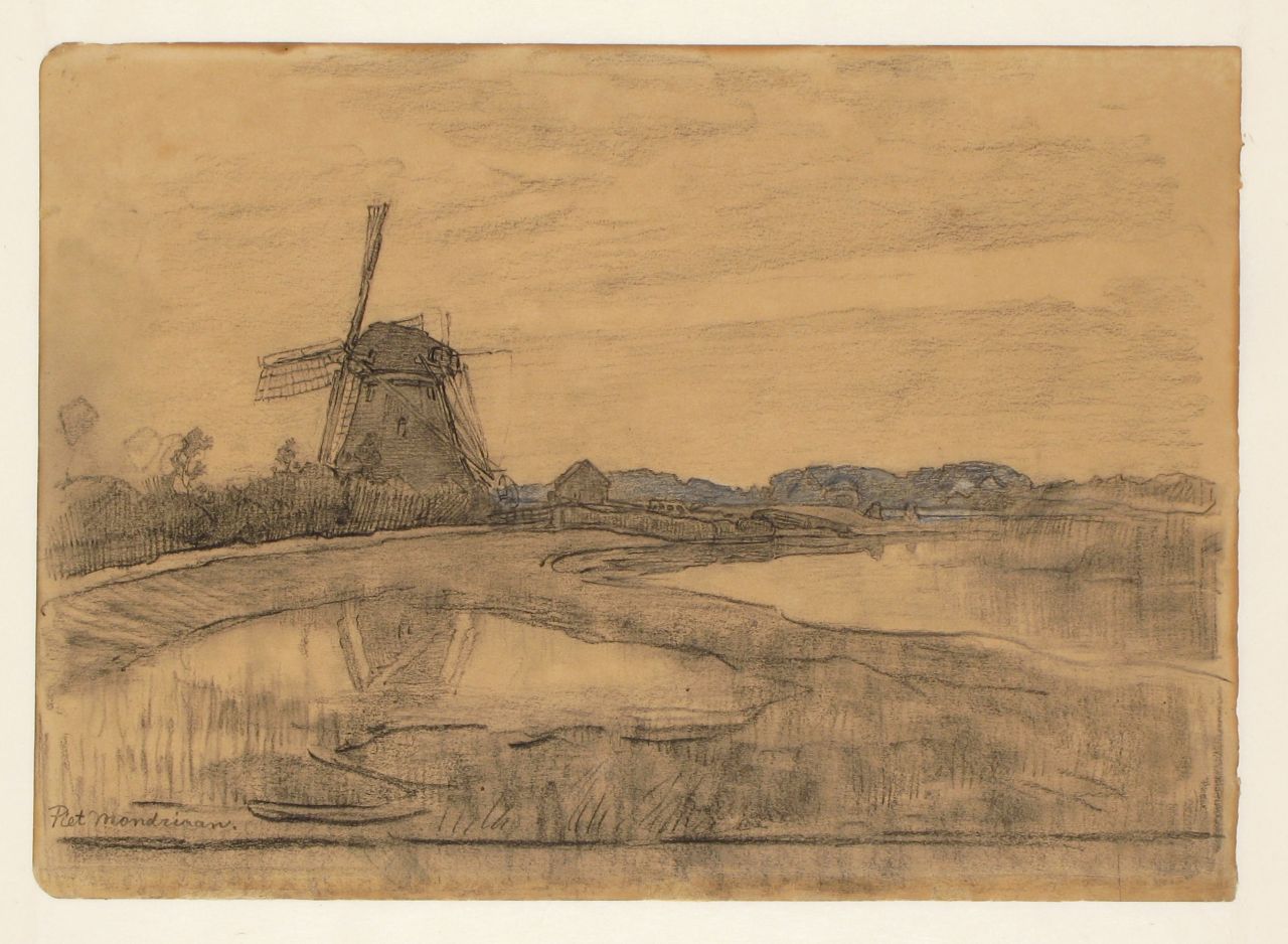 Mondriaan P.C.  | Pieter Cornelis 'Piet' Mondriaan, The Oostzijdse Molen on the river Gein near Abcoude, black and white chalk on paper 24.5 x 36.0 cm, signed l.l. and dated 1903