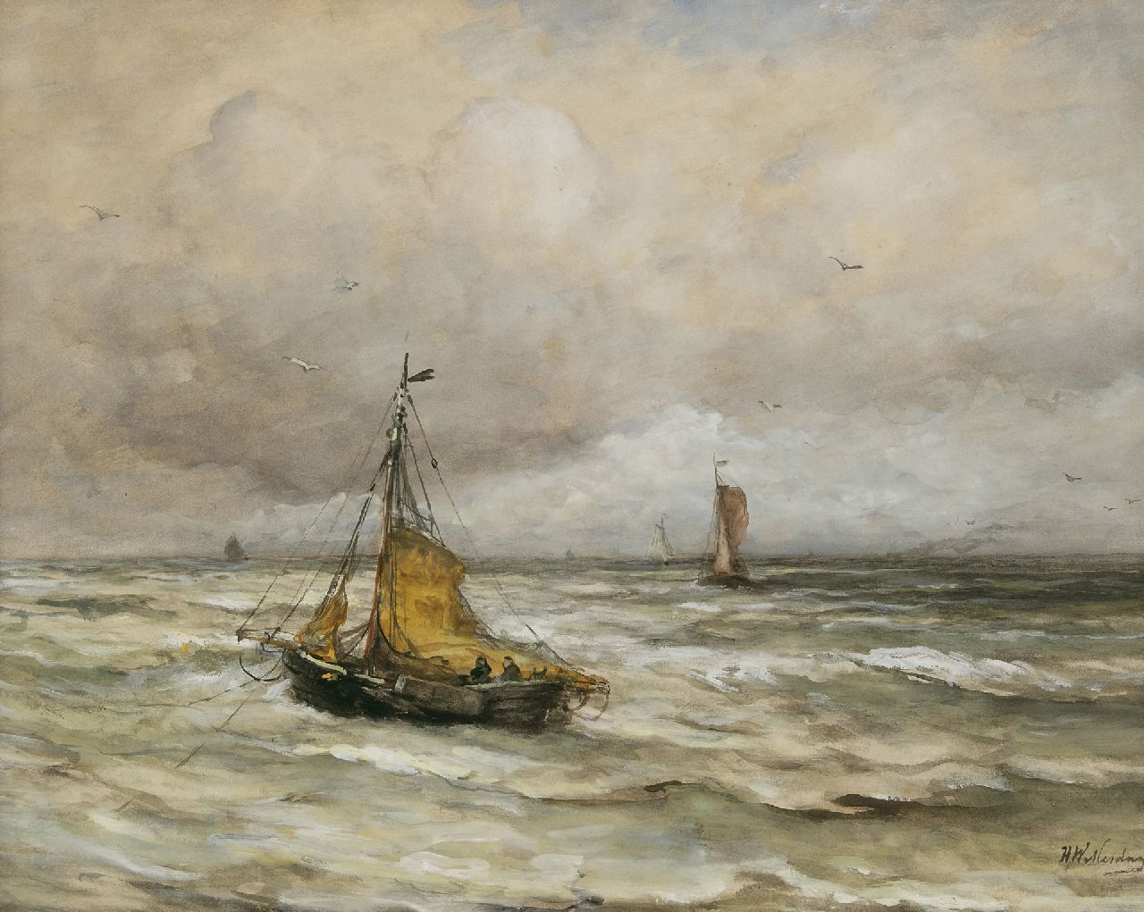 Mesdag H.W.  | Hendrik Willem Mesdag | Watercolours and drawings offered for sale | At anchor in the surf, watercolour and gouache on paper 44.5 x 55.4 cm, signed l.r.