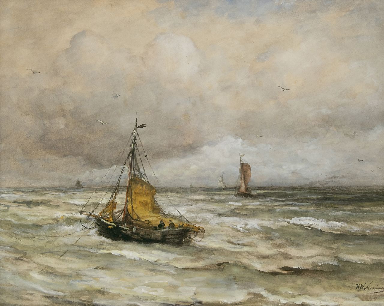 Mesdag H.W.  | Hendrik Willem Mesdag, At anchor in the surf, watercolour and gouache on paper 44.5 x 55.4 cm, signed l.r.