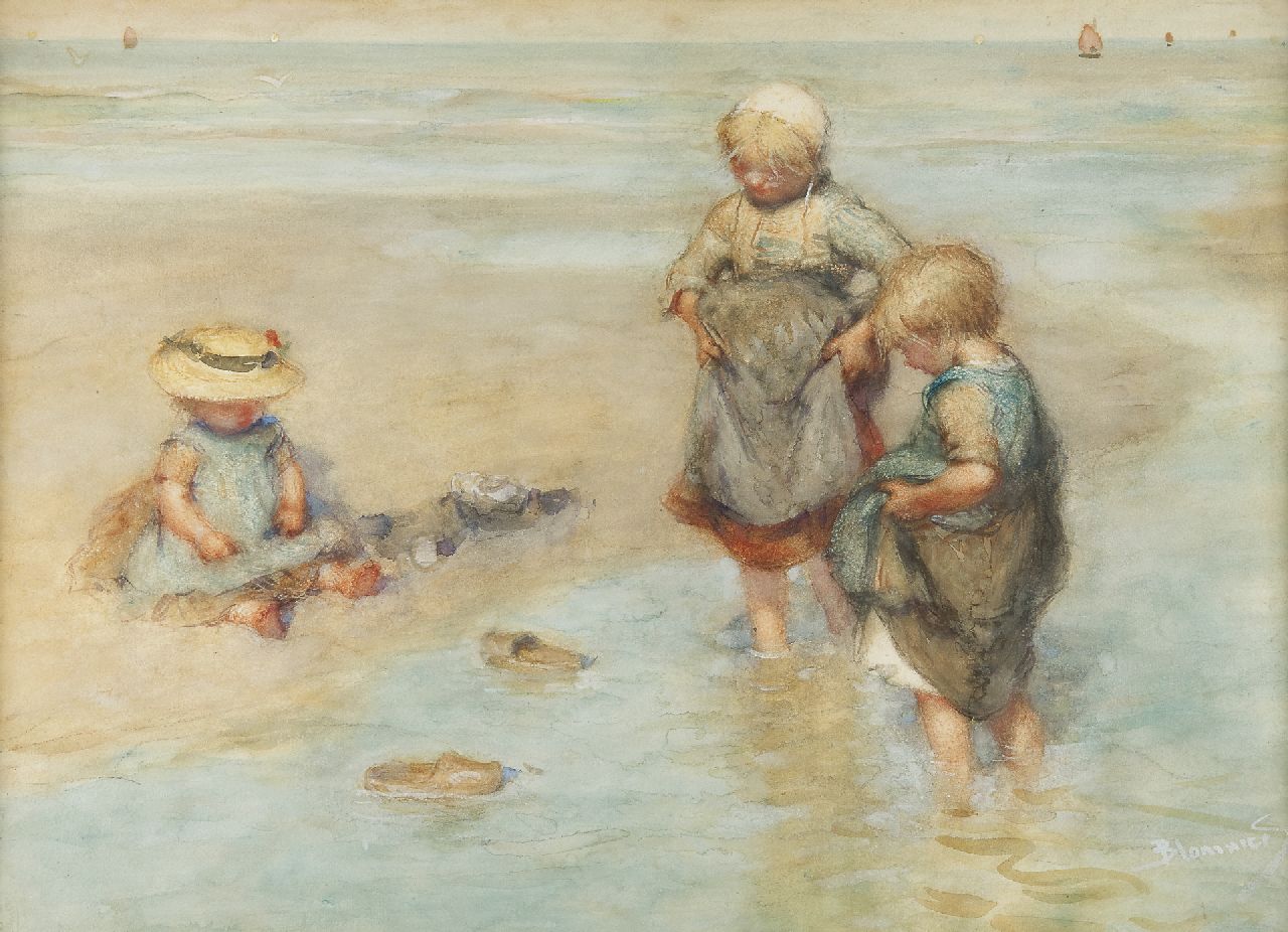 Blommers B.J.  | Bernardus Johannes 'Bernard' Blommers, Children playing boat, chalk and watercolour on paper 40.2 x 55.6 cm, signed l.r.