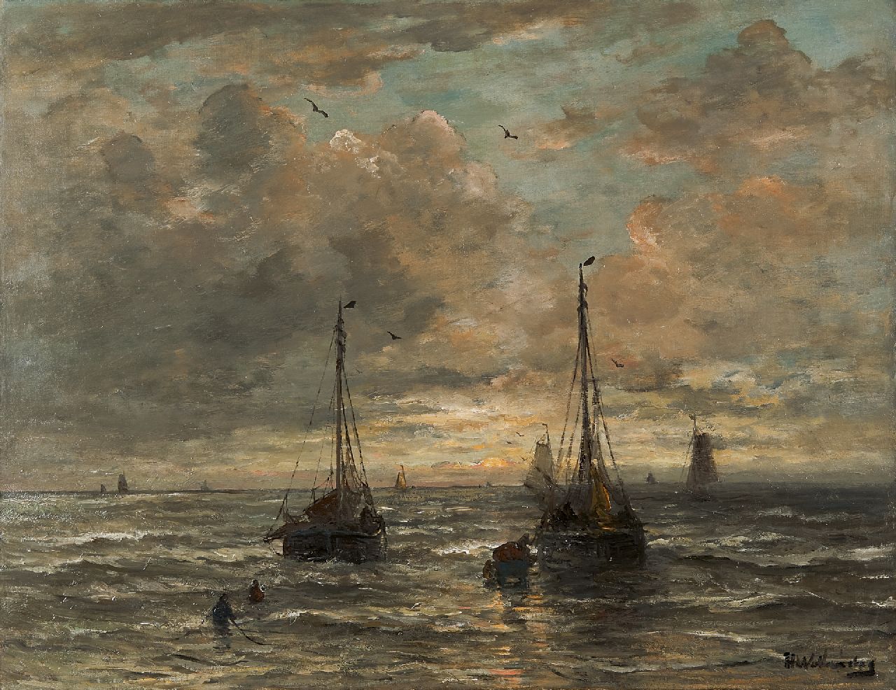 Mesdag H.W.  | Hendrik Willem Mesdag, Return of the fishing fleet, Scheveningen, oil on canvas 69.0 x 88.2 cm, signed l.r.
