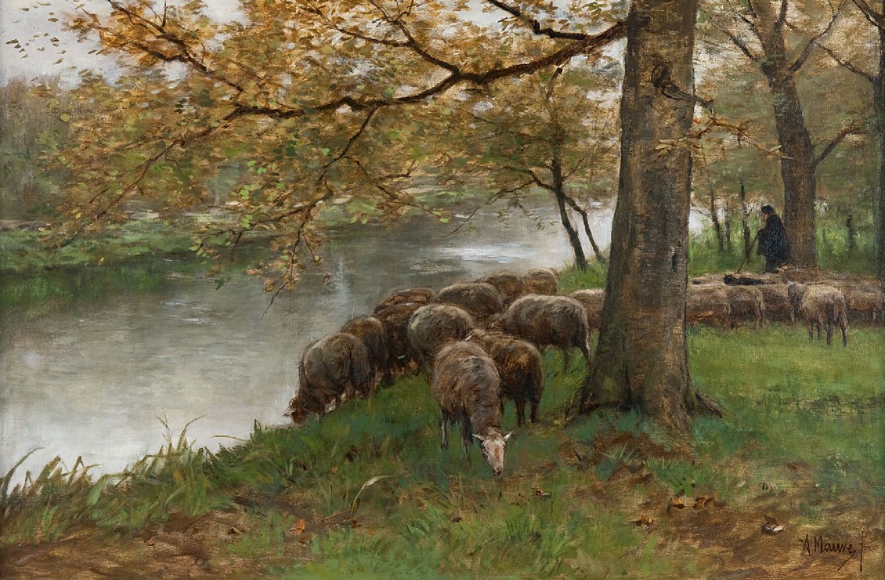 Mauve A.  | Anthonij 'Anton' Mauve, Sheep watering by a river, oil on canvas 60.5 x 90.2 cm, signed l.r. and painted ca. 1870