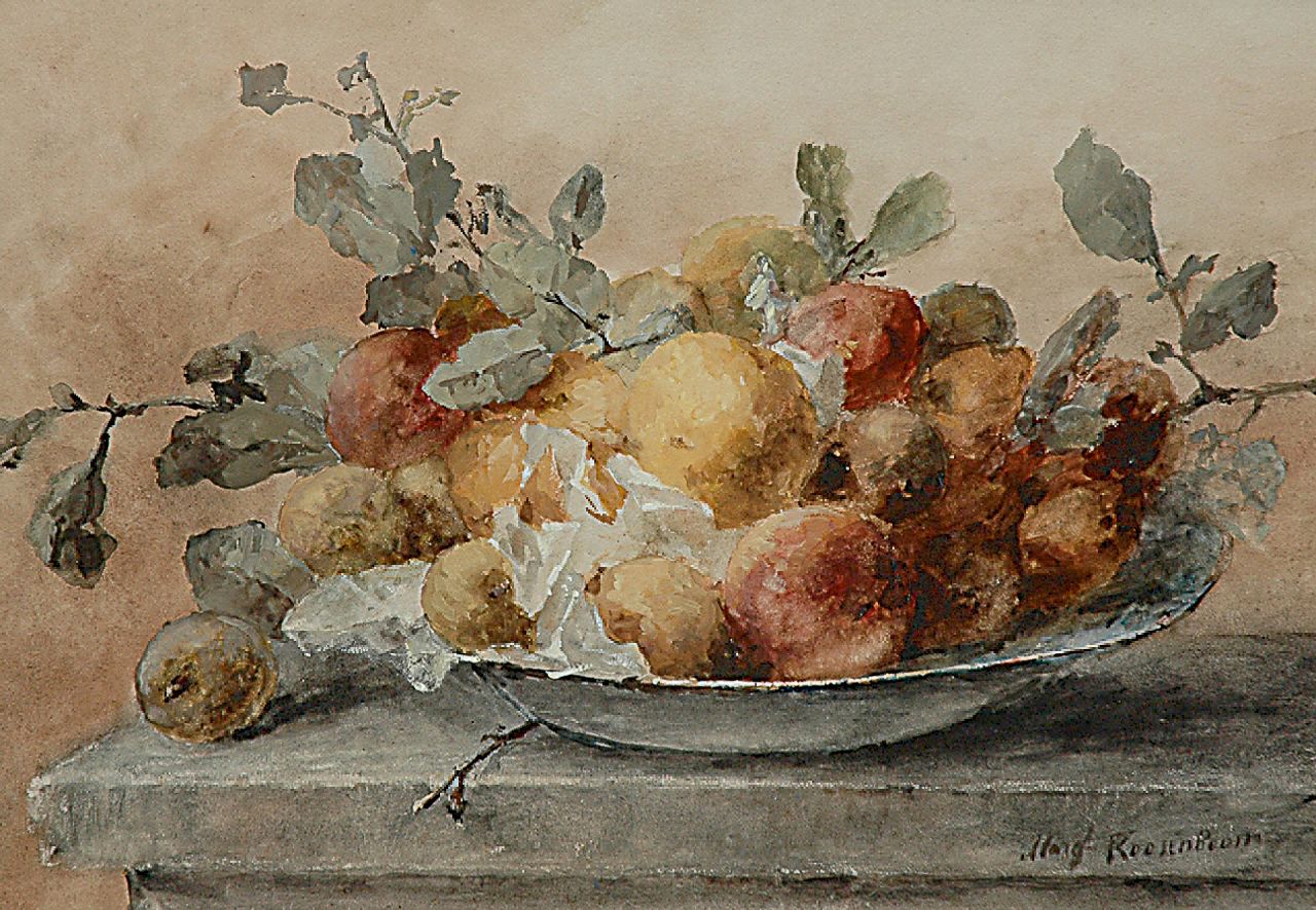 Roosenboom M.C.J.W.H.  | 'Margaretha' Cornelia Johanna Wilhelmina Henriëtta Roosenboom, A still life with fruit and twigs on a plate, watercolour and gouache on paper 46.6 x 66.3 cm, signed l.r.