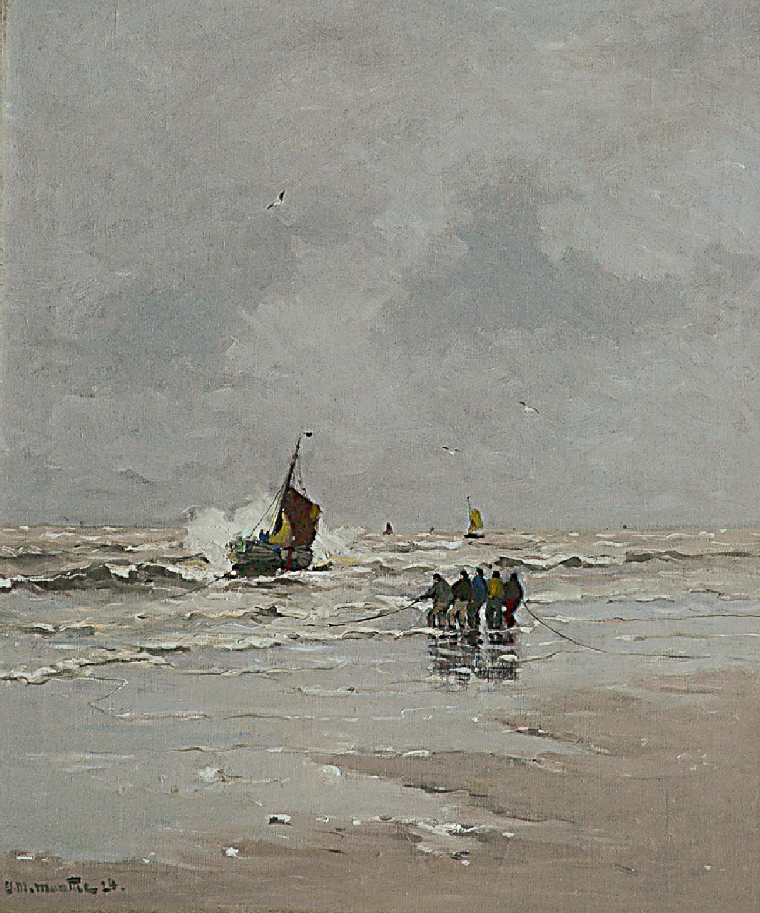 Munthe G.A.L.  | Gerhard Arij Ludwig 'Morgenstjerne' Munthe, Fishermen in the surf, oil on canvas 60.3 x 51.3 cm, signed l.l. and dated '24